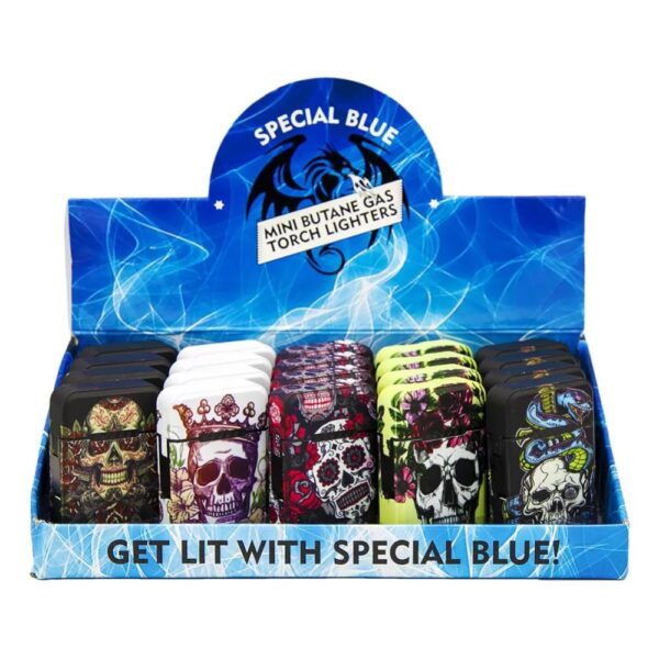 SPECIAL BLUE MINI TORCH LIGHTERS - SKULLS & ROSES