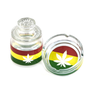 FASHION CRAFT GLASS STASH JAR & ASHTRAY SET – LEAF DESIGN