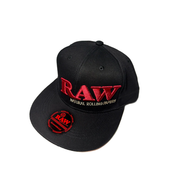 RAW SNAP BACK CAP WITH RED STITCHING & POKER - BLACK